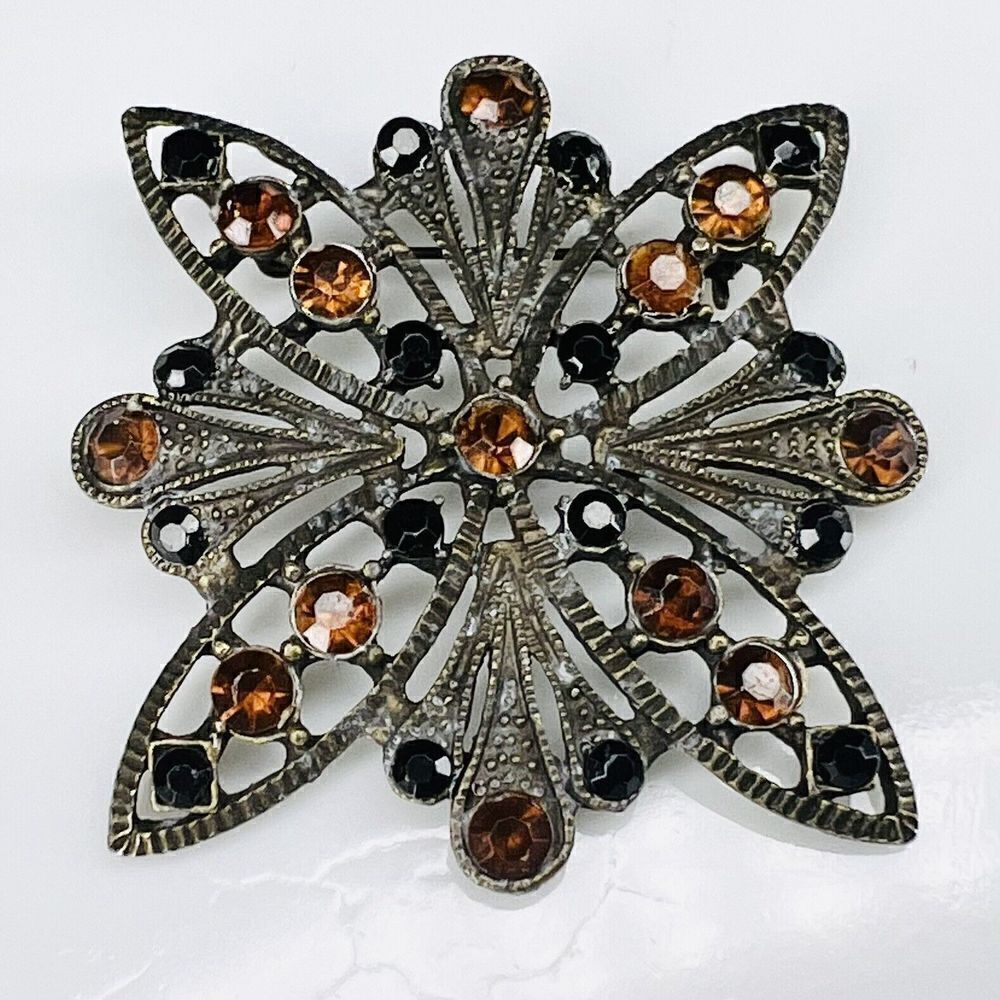 Vintage Victorian Style Filigree Brooch Silver Black Amber Tone Rhinestones 4053